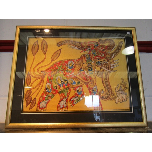 1416 - A Myanmar traditional design mixed media on paper, elephants and figures, modern interpretation. Ima... 