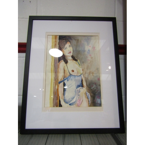 1201 - A framed and glazed watercolour, semi-nude female. Signed lower left, partially covered. Image size ... 