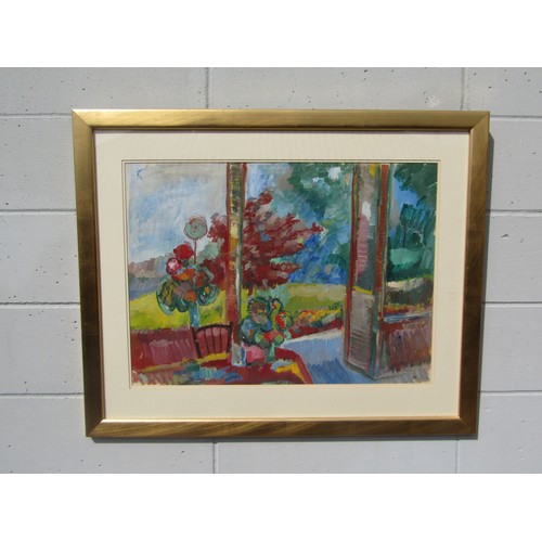 6083 - ARTHUR GOODWIN (1922-1998) A large framed and glazed acrylic on paper, veranda scene with table and ... 