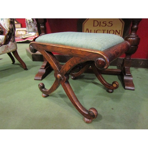 4017 - A 19th Century figured hardwood x-frame stool with drop-in seat, 42cm tall x 51cm wide x 37cm deep