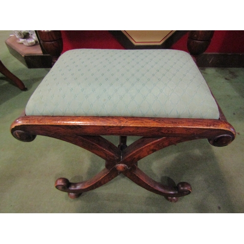 4017 - A 19th Century figured hardwood x-frame stool with drop-in seat, 42cm tall x 51cm wide x 37cm deep