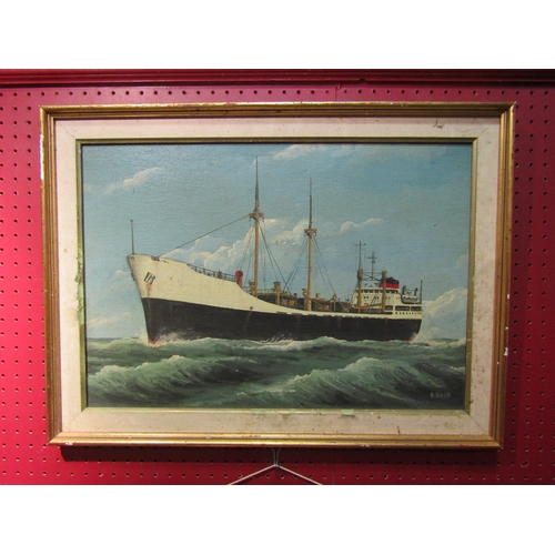 4028 - R SIGER: Naive oil on board, depicting a tanker vessel at sea.  Signed lower right.  Mount a/f.  34c... 