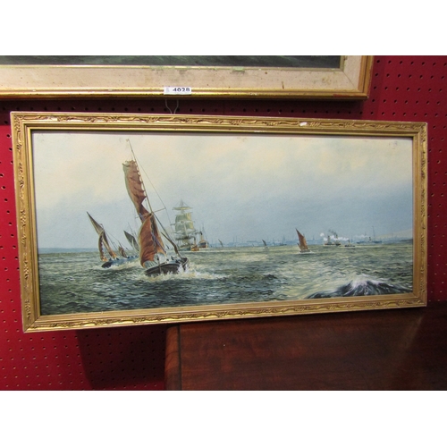 4029 - A watercolour of sailing barges and ships close to port, a/f, marks to sky.  Framed.  25.5 x 57cm im... 