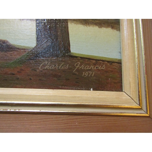 4035 - CHARLES FRANCIS: An oil on board of Broads scene in sunset, signed and dated 1971 lower right, frame... 