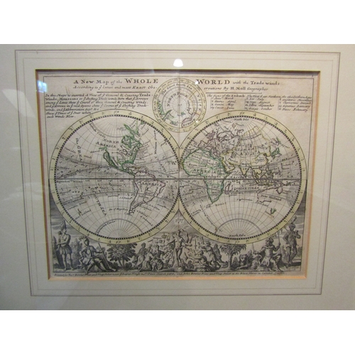 4052 - A World map by H.Moll printed for Thomas Bowles, framed and glazed, 21cm x 27cm image size