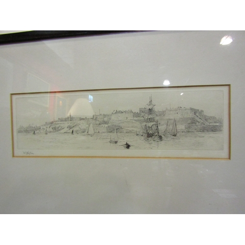 4053 - W L WYLLIE:  A pencil signed etching of sailboats at Malta.  Framed and glazed.  8.5cm x 33cm image ... 