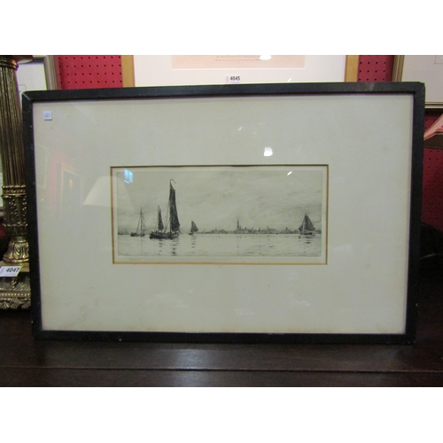 4054 - W L WYLLIE: A pencil signed etching of sailing boats near the coast, a/f light foxing to mount.  Fra... 