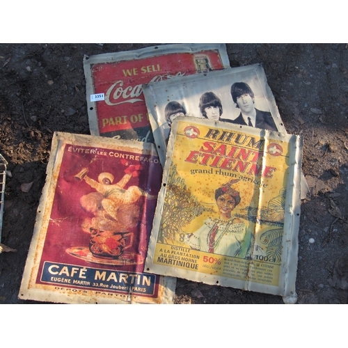 3351 - Four reproduction tin adverstising signs including coca-cola and The Beatles