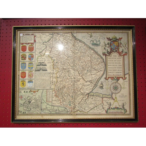 4081 - A circa 17th Century hand coloured engraved map of Lincolnshire by John Speed.  Framed and glazed.  ... 