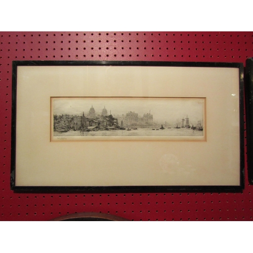 4083 - W L WYLLIE:  A pencil signed etching of ships at Greenwich,  a/f discolouration to border and some f... 