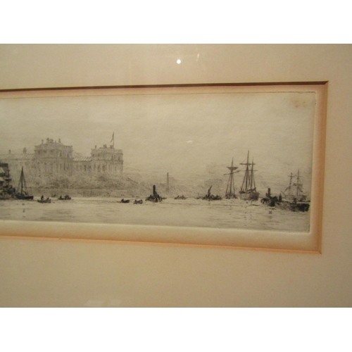 4083 - W L WYLLIE:  A pencil signed etching of ships at Greenwich,  a/f discolouration to border and some f... 