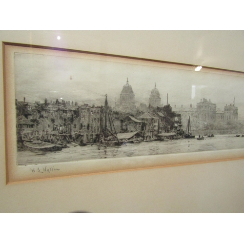 4083 - W L WYLLIE:  A pencil signed etching of ships at Greenwich,  a/f discolouration to border and some f... 