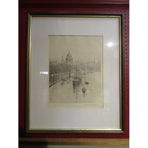 4088 - ROWLAND LANGMAID:  A pencil signed etching of Endeavour below St Pauls.  Blind stamped.  Framed and ... 