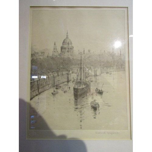 4088 - ROWLAND LANGMAID:  A pencil signed etching of Endeavour below St Pauls.  Blind stamped.  Framed and ... 