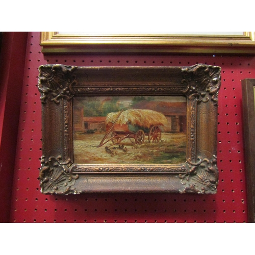 4114 - A gilt framed oil on board of a hay cart and chickens, 12cm x 21cm image size