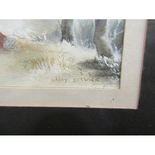 4128 - HARRY BESWICK (1855-1933): A watercolour of snowy scene with kids having a snowball fight, signed lo... 