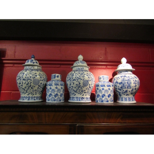 4143 - Three large blue and white ginger jars, a pair of facet ginger jars and table lamp base (6)