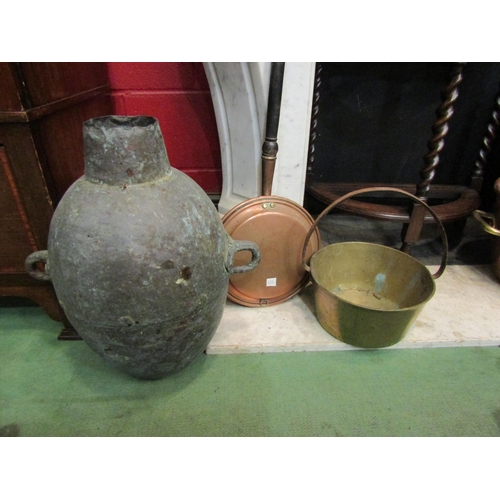 4161 - A rustic twin handled vessel, brass jam pan and copper bed warmer (3)