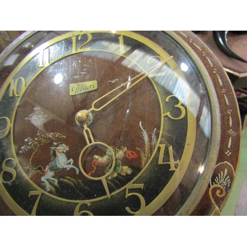 4205 - A Mid 20th Century Smiths chinoserie mantel clock, crack to face, 21cm tall