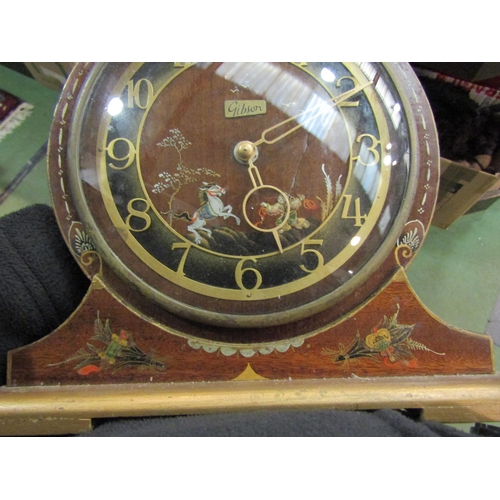 4205 - A Mid 20th Century Smiths chinoserie mantel clock, crack to face, 21cm tall