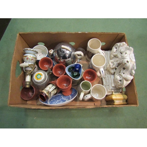 4251 - A box of miscellaneous ceramics to include tankards chrome covered tea pot, eye glasses etc