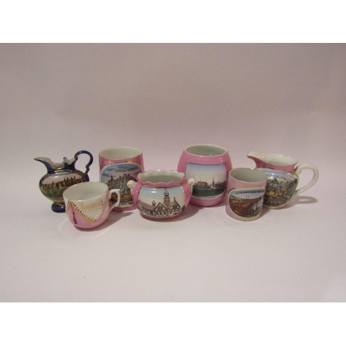 4258 - Seven pieces of early 20th Century pink lustre tourest ware including Bradford, Bridlington, Harwich... 