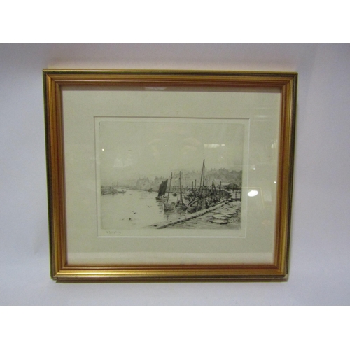 4274 - W L WYLLIE:  A pencil signed etching of sail boats at wharf.  Framed and glazed.  14.5cm x 19.5cm im... 