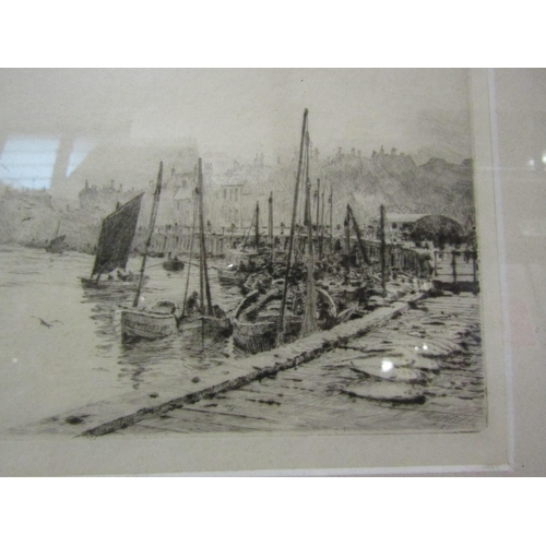 4274 - W L WYLLIE:  A pencil signed etching of sail boats at wharf.  Framed and glazed.  14.5cm x 19.5cm im... 