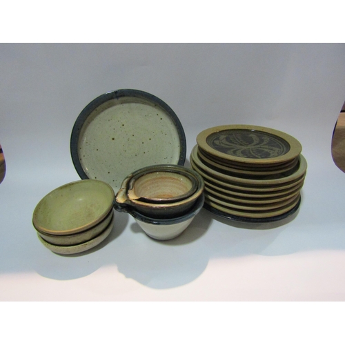 4293 - Six Studio pottery plates, 24cm diameter, a pair of Studio pottery plates, glazed with blue rims, bo... 