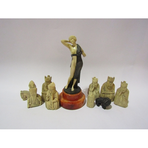 4314 - A resin figure of semi clad female on soapstone base 25cm tall, and Seven resin Chess pieces etc   (... 