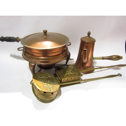 4321 - A copper warmer and a wooden handled coffee pot and two brass chestnut roasters