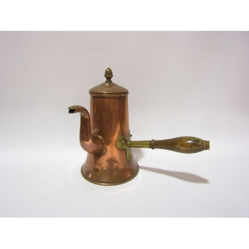 4321 - A copper warmer and a wooden handled coffee pot and two brass chestnut roasters