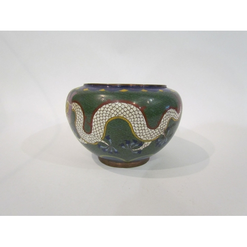 4347 - A cloisonné bowl depicting dragons chasing the pearl, 14cm diameter, 10cm tall