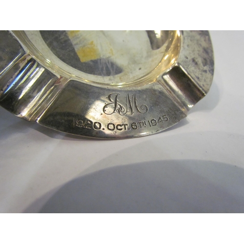 4360 - A silver ashtray monogramed J.M 1920 Oct 6th 1945, Sheffield & a silver dish engraved Hugh Dowell, W... 