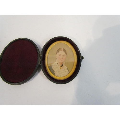 4385 - A Victorian miniature oil on card bust of lady, 6cm x 5cm approximately       (E) £25-30