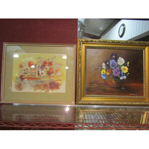 4397 - Three floral still life pictures including CHRISTINE GILES: Oil on board dated 1993, print of flower... 