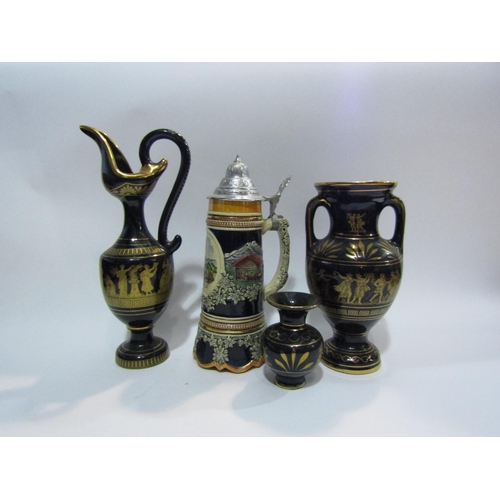 4401 - A set of 24k gold decorated Greek ewer and vases together with a beer stein (4)