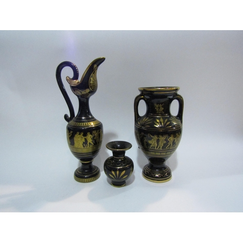 4401 - A set of 24k gold decorated Greek ewer and vases together with a beer stein (4)