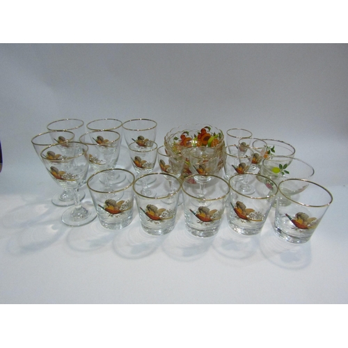 4406 - Five Sundae dishes painted with fruit, 12 various sized wine glasses painted with pheasants and five... 