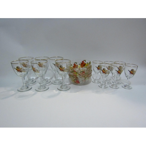 4406 - Five Sundae dishes painted with fruit, 12 various sized wine glasses painted with pheasants and five... 