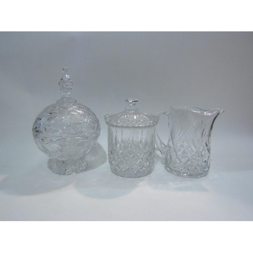 4408 - A crystal glass jug, biscuit barrel, ships in bottles and covered bowl (5)