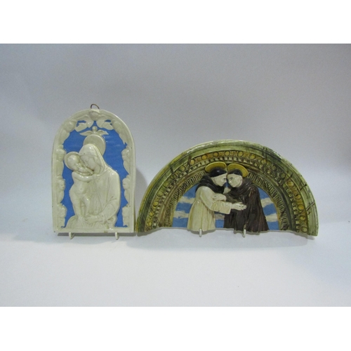 4412 - Two ceramic ecclesiastical wall hanging plaques one depicting Mary & baby Jesus, 23.5cm tall and 17.... 