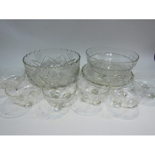 4434 - Two cut glass fruit bowls, moulded glass cake stand and six cut glass sundae dishes