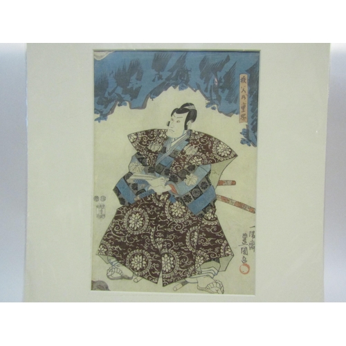 4447 - A Japanese woodblock print of a Samurai.  Mounted.  33.5 x 23cm image size  (R) £40