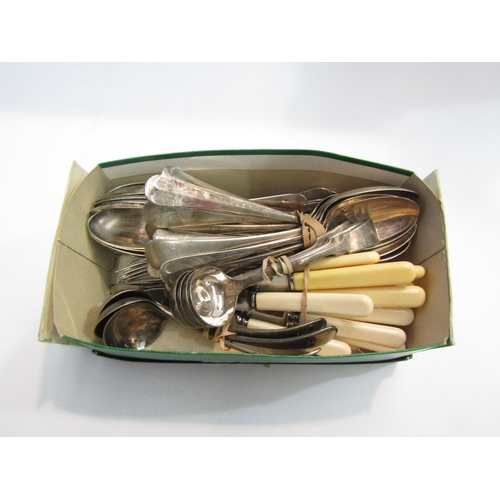 4460 - A box of plated flatware including dessert spoons, knives, forks, sauce ladles