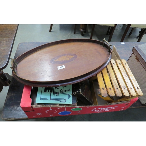 2172 - A box of assorted goods including an oval tea tray