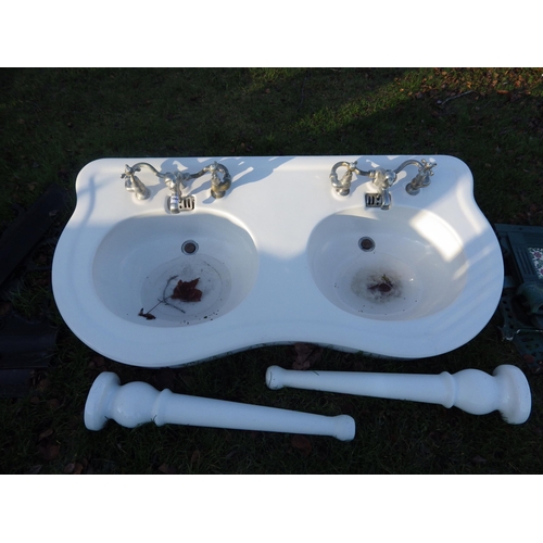 7064 - A shaped front 1930's Jacob Delafon double sink on porcelain legs