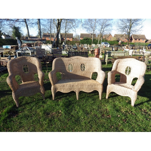 7341 - A wicker conservatory set of bench and two chairs  (R)  £30