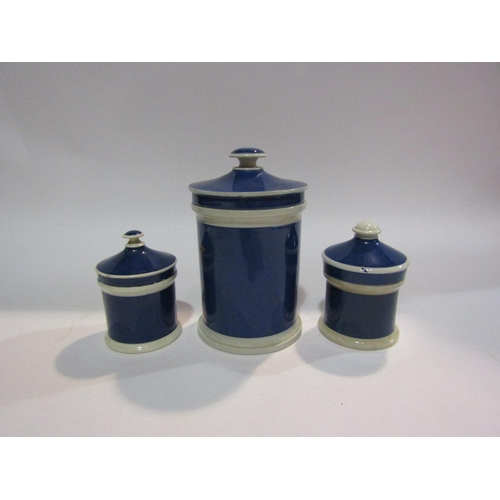 4291 - Three Victorian blue pottery chemist jars, some chips