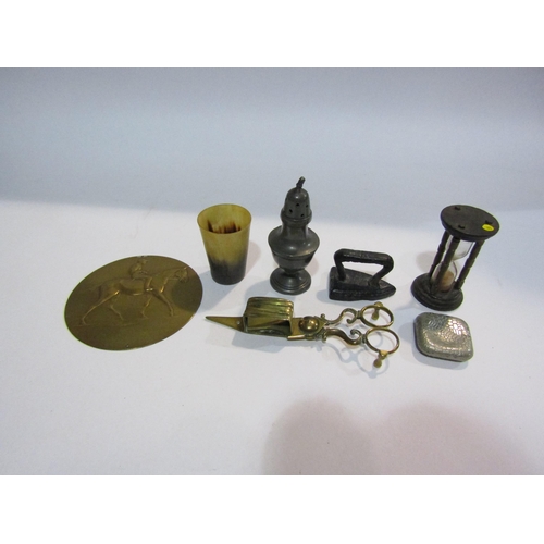 4349 - An egg timer, candle snuffers, small flat iron, pewter pepperette, French pill box, 